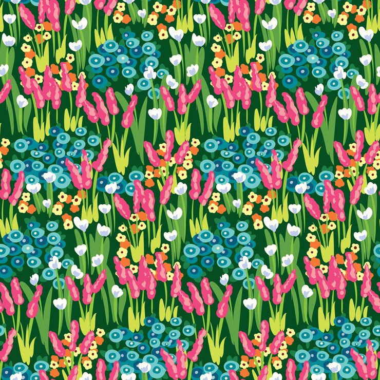 Vetor padrão sem emenda com composição liberty de flores e folhas em um campo verde impressão de verão brilhante com plantas desenhadas à mão flores folhas de grama fundo floral colorido vetor