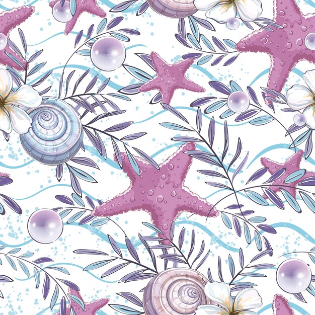 Padrão sem emenda com conchas, estrelas do mar e folhas de uma planta tropical em uma ondas.