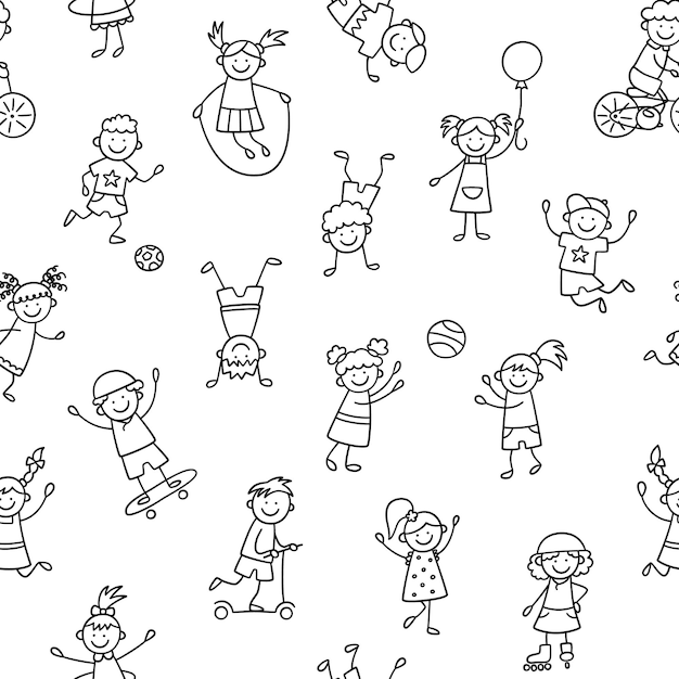 Padrão sem emenda com crianças doodle. Mão desenhada crianças engraçadas brincam, correm e pulam. Desenho de crianças fofas. Ilustração vetorial no estilo doodle em fundo branco.