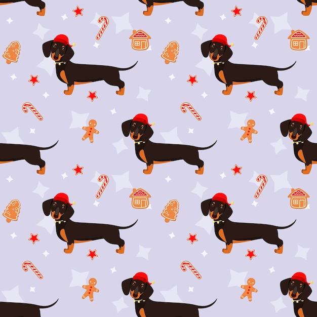 Vetor padrão sem emenda com dachshunds de natal. projeto de desenho animado.