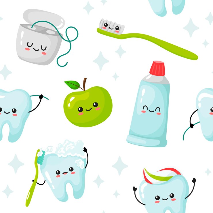 Padrão sem emenda com dentes bonitos e itens de cuidados dentários em um fundo branco. Kawaii engraçado.