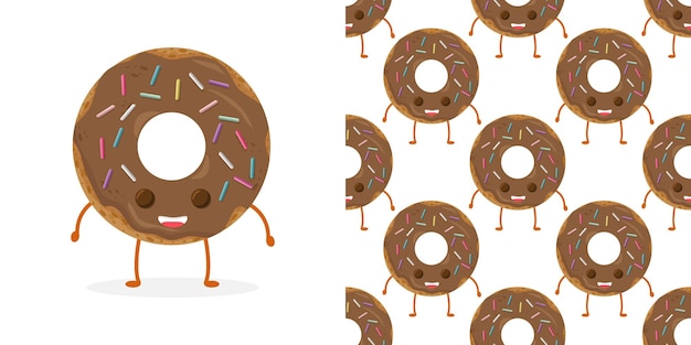 Padrão sem emenda com donut de personagem engraçado com glacê, ilustração vetorial no estilo cartoon.