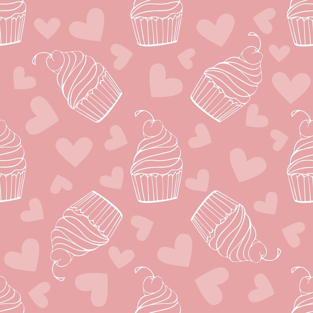 Vetor padrão sem emenda com doodle doces, sobremesas, queque de sorvete no fundo rosa