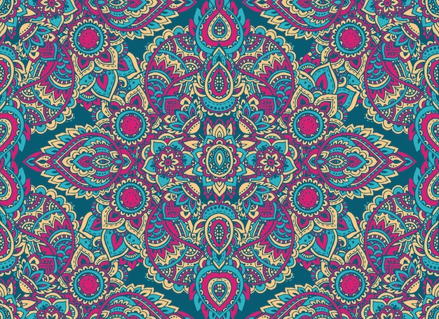 padrão sem emenda com elementos florais de henna mehndi de mão desenhada. Fundo colorido e infinito bonito no estilo oriental indiano em cores brilhantes