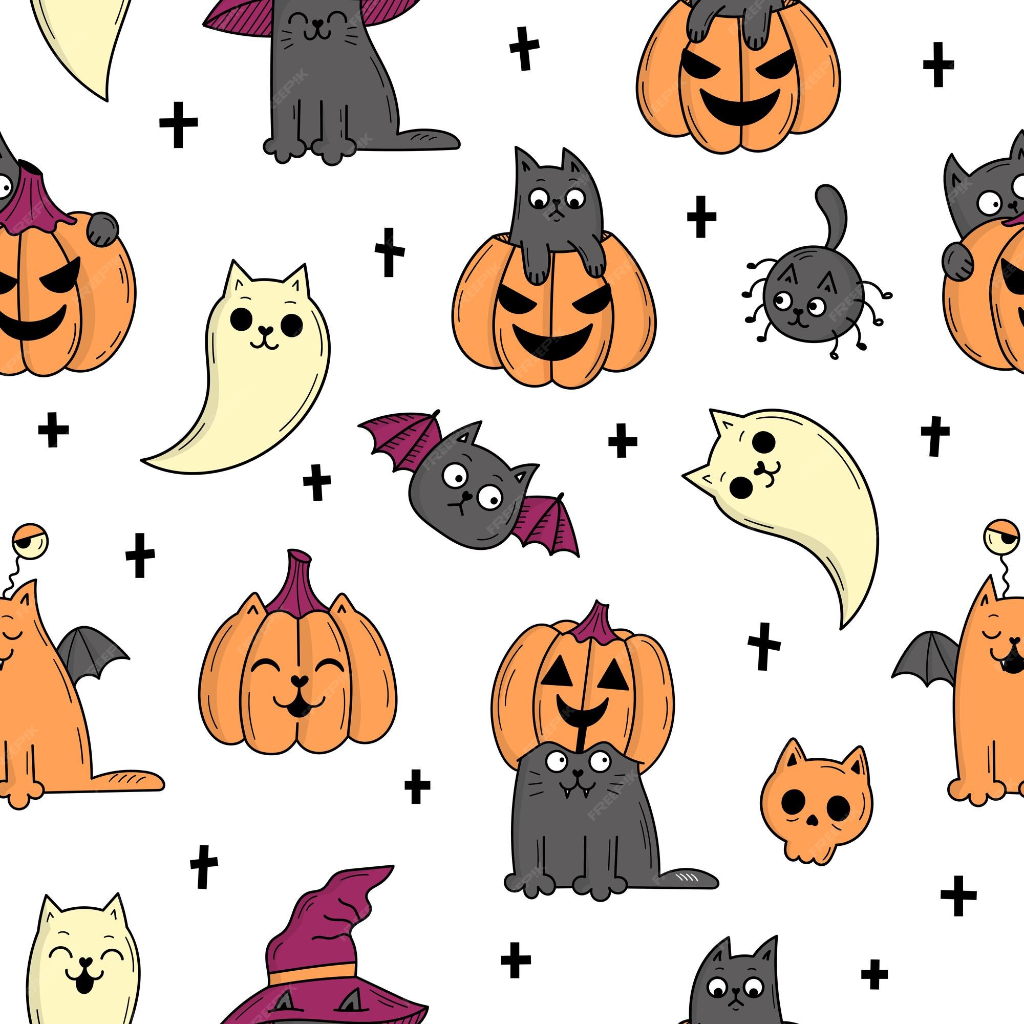 Grande padrão sem emenda de halloween com elementos de estilo doodle  simples de desenho animado