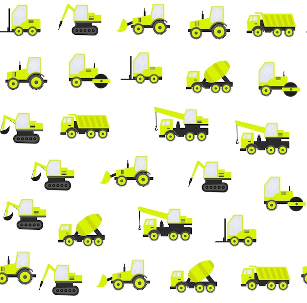 Padrão sem emenda com faixas de construção: Dipper, Bulldozer, trator, escavadeira, betoneira. Ilustração em vetor plana. eps