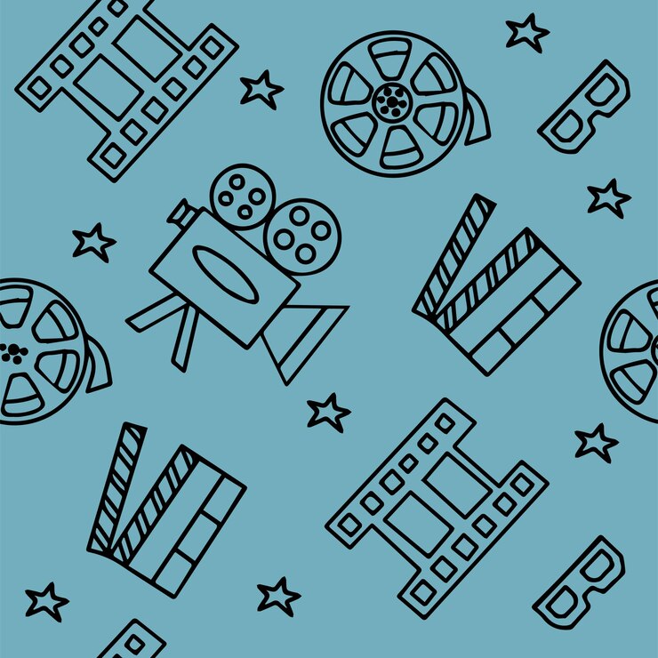 Vetor padrão sem emenda com filmes e séries de programas de tv de cinema engraçado doodle vetor ícones desenhados à mão colorfu ...