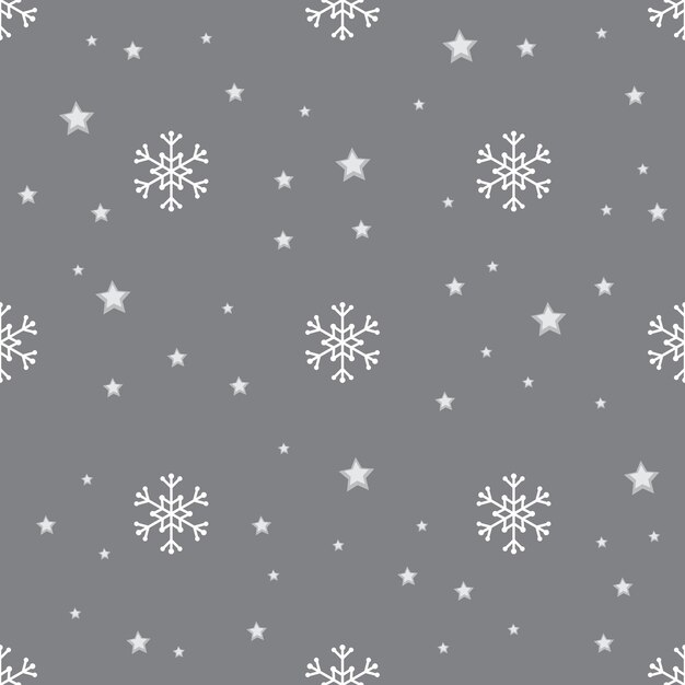 Padrão sem emenda com flocos de neve brancos e estrelas em fundo cinza. Decoração tradicional festiva de inverno para ano novo, Natal, feriados e design. Ornamento de linha simples