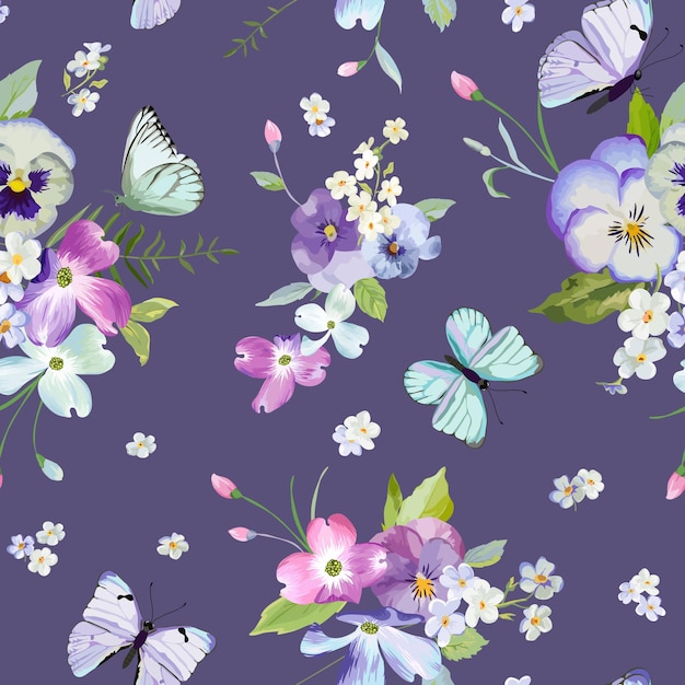 Padrão sem emenda com flores desabrochando e borboletas voando em estilo aquarela