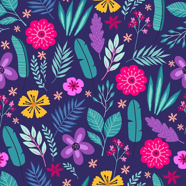 Padrão sem emenda com flores e folhas de palmeira tropicais abstratas. ilustração vetorial.