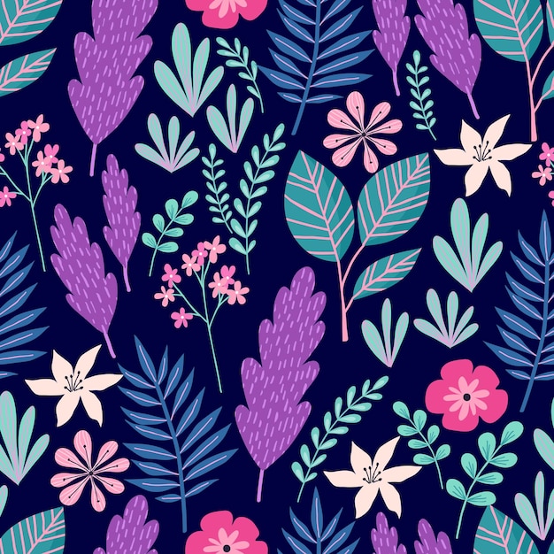 Padrão sem emenda com flores e folhas de palmeira tropical. Ilustração vetorial.