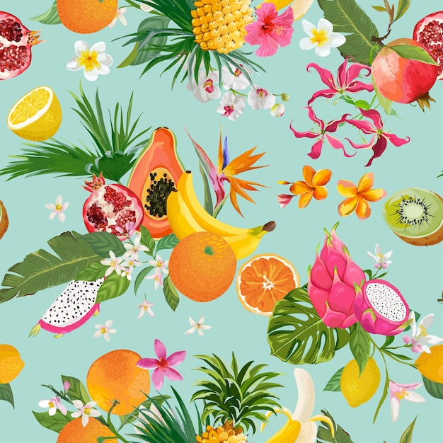 Vetor padrão sem emenda com flores e frutas tropicais. banana, laranja, limão, abacaxi, fundo de fruta do dragão para têxteis, textura da moda, papel de parede em vetor