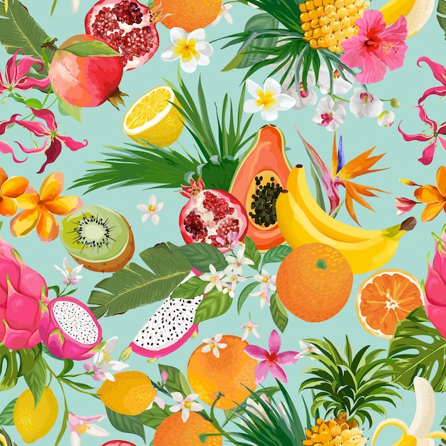 Vetor padrão sem emenda com flores e frutas tropicais. banana, laranja, limão, abacaxi, fundo de fruta do dragão para têxteis, textura da moda, papel de parede em vetor