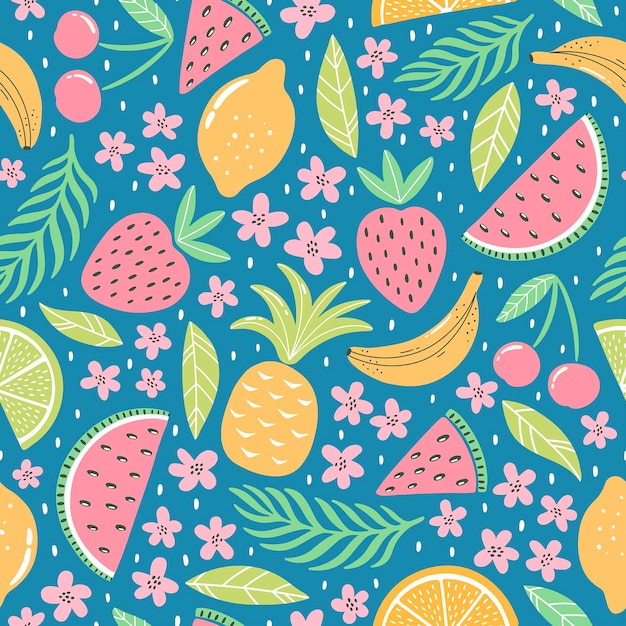 Padrão sem emenda com frutas coloridas para design têxtil. fundo de verão em cores brilhantes. ilustração em vetor na moda desenhada à mão.