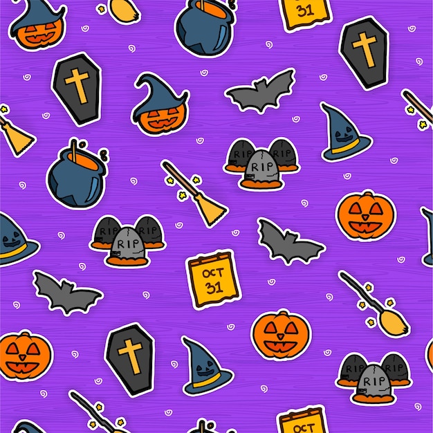 Padrão sem emenda com fundo de halloween. modelo colorido, desenhado à mão.