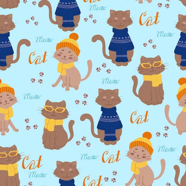 Padrão sem emenda com gatos bonitos em roupas de inverno. Impressão vetorial em estilo simples.