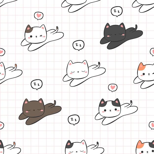 Padrão sem emenda com ilustração de doodle de sono de gato gatinho