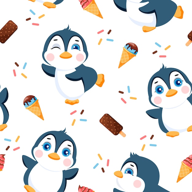 Padrão sem emenda com ilustração de pinguins fofos