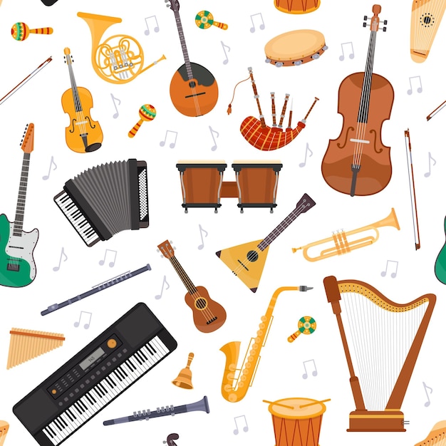 Padrão sem emenda com instrumentos de orquestra musical plana e notas. Cordas, percussão e instrumento de sopro. Fundo de vetor de música de desenho animado