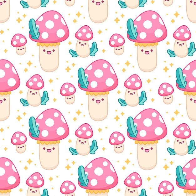 Padrão sem emenda com lindos cogumelos kawaii amanita e estrelas de folhas em estilo cartoon