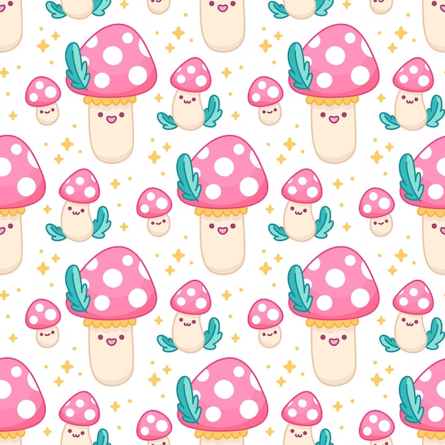 Padrão sem emenda com lindos cogumelos kawaii amanita e estrelas de folhas em estilo cartoon