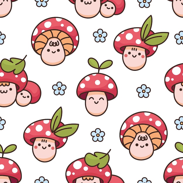 Padrão sem emenda com lindos cogumelos kawaii amanita folhas margaridas