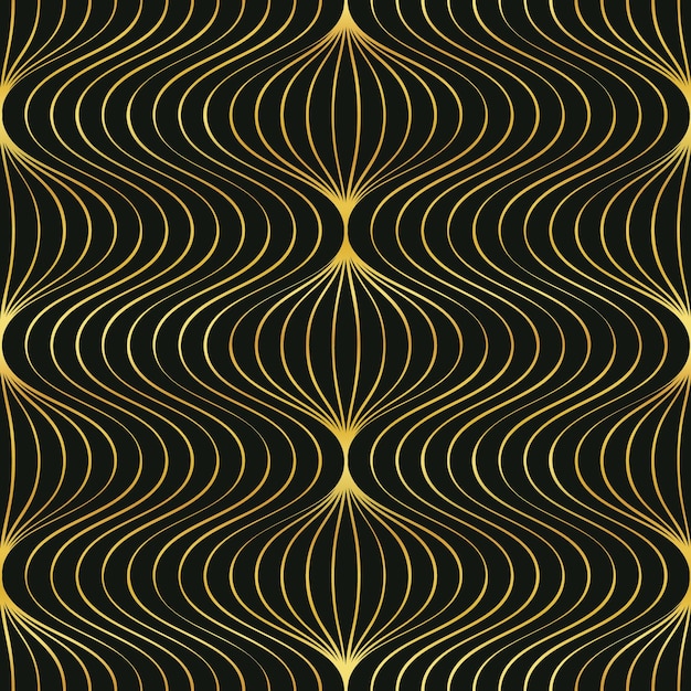 Padrão sem emenda com linhas douradas sobre fundo preto. Padrão geométrico de linhas curvas. Ilustração vetorial