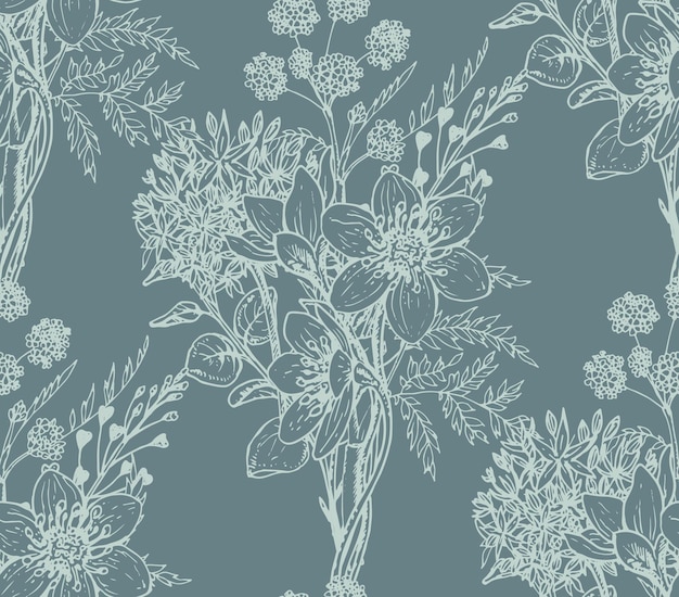 Padrão sem emenda com mão desenhada flores e plantas no estilo de desenho.
