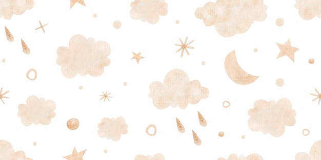 Padrão sem emenda com nuvens, pontos, estrelas feitas de ouro, ilustração infantil fofa