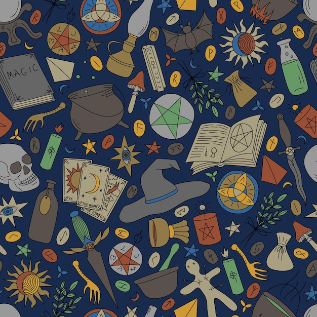 PADRÃO SEM EMENDA COM OBJETOS MULTICOLORIDOS PARA MAGIA EM UM FUNDO AZUL EM UM VETOR