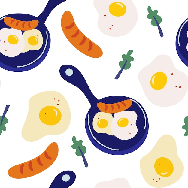 Padrão sem emenda com ovos mexidos. Padrão sem emenda de vetor de café da manhã de manhã com frigideira com ovos, salsicha e folhas de alface. Omelete, ovos mexidos. Comida de café da manhã. Ilustração dos desenhos animados.