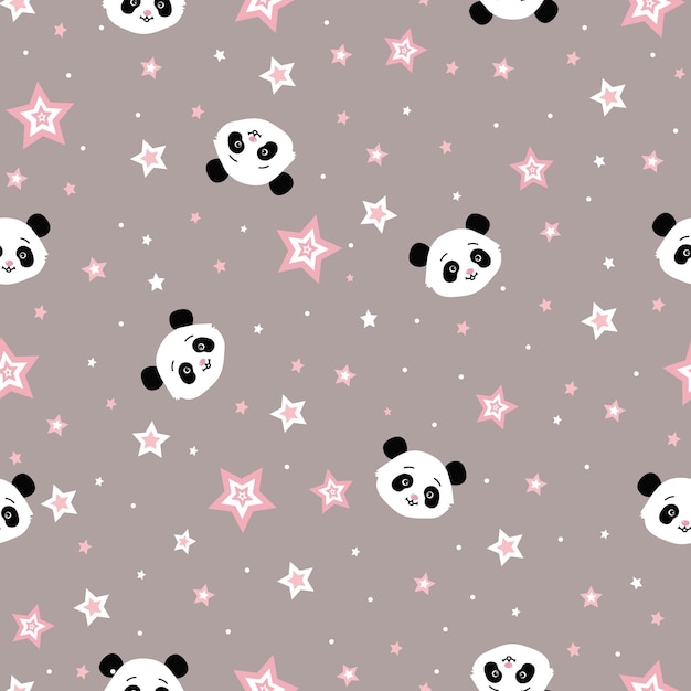 Padrão sem emenda com papel de parede de desenho animado bonito de panda e estrelas cor de rosa