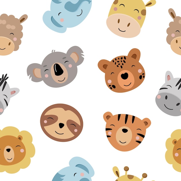 Padrão sem emenda com personagens de animais fofos elefante engraçado alpaca leão tigre leopardo zebra coala padrão infantil rostos de animais selvagens ilustração vetorial no fundo branco