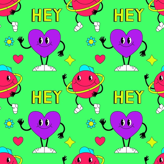 Padrão sem emenda com personagens psicodélicos Impressão vetorial na moda Design abstrato de adesivos de desenho animado Ilustração vetorial de tendência EPS