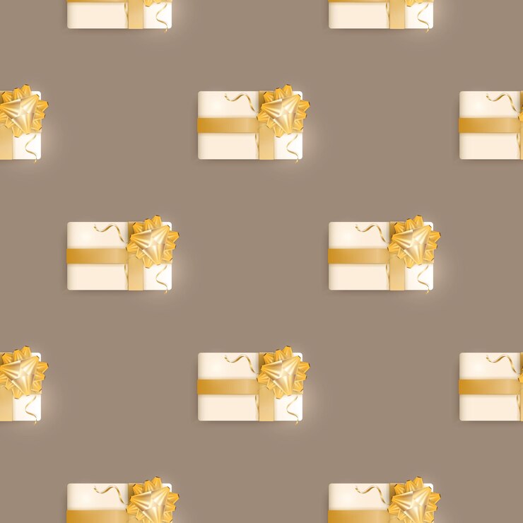 Vetor padrão sem emenda com presentes realistas. fundo sem fim. cor champanhe. adequado para cartões postais, gravuras, papel pardo e fundos. ilustração vetorial.