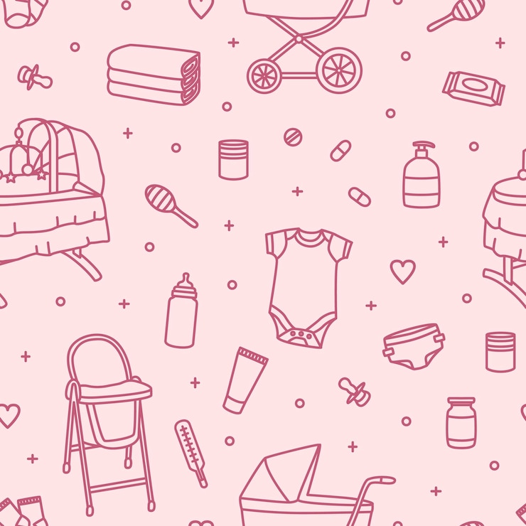 Vetor padrão sem emenda com produtos de cuidados com o bebê recém-nascido, suprimentos de berçário ou ferramentas para criança infantil desenhada com linhas de contorno no fundo rosa. ilustração vetorial monocromática em estilo moderno de linhas