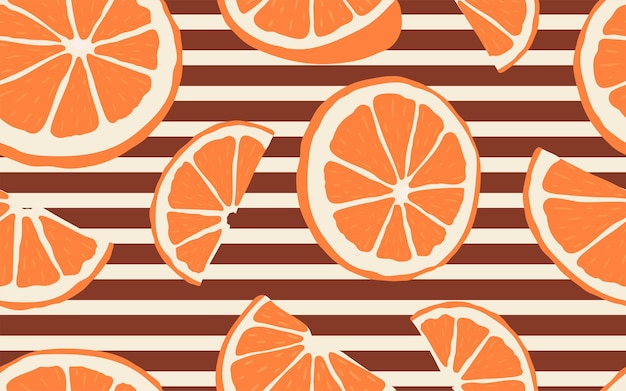 Padrão sem emenda com ramos de fatias de laranjas em listras geométricas de fundo. um fundo moderno e brilhante repetido com frutas cítricas em estilo simples. ilustração de estoque vetorial