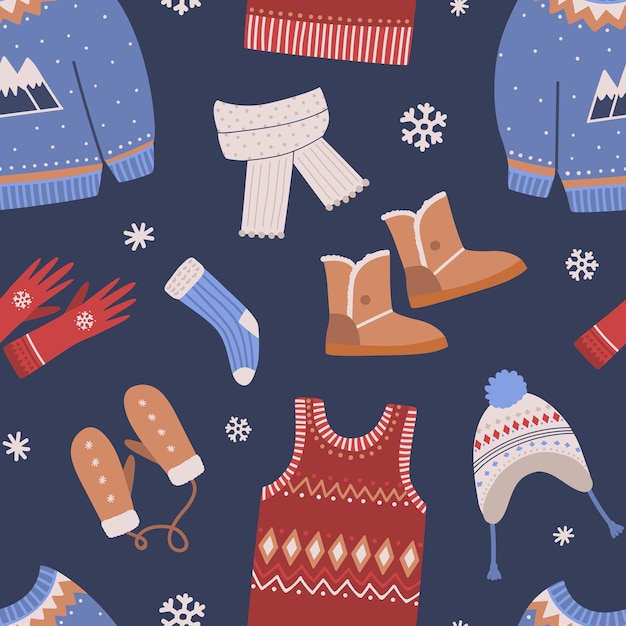 Padrão sem emenda com roupas de malha de inverno no escuro