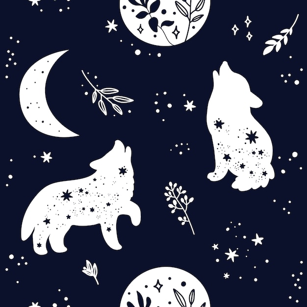 Padrão sem emenda com silhueta animal boho bonito lobo, estrelas e lua. Cores preto e branco