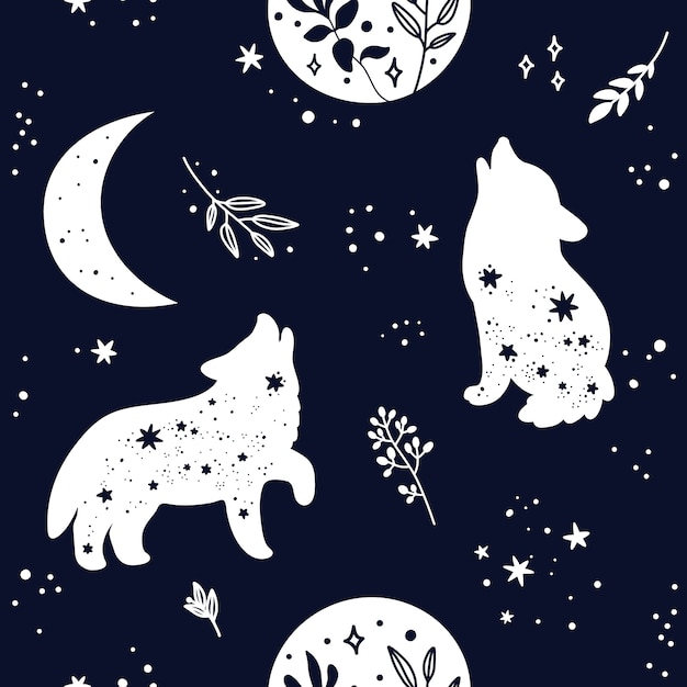 Padrão sem emenda com silhueta animal boho bonito lobo, estrelas e lua. cores preto e branco