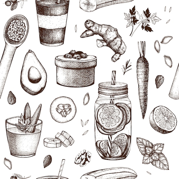 Padrão sem emenda com tinta mão desenhada comida e bebidas esboços. Comida saudável - frutas, legumes, nozes, fundo de ervas. Projeto de idéias de verão.