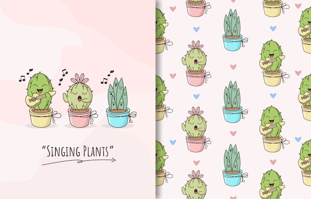 Padrão sem emenda com uma personagem fofa de cacto de plantas cantando