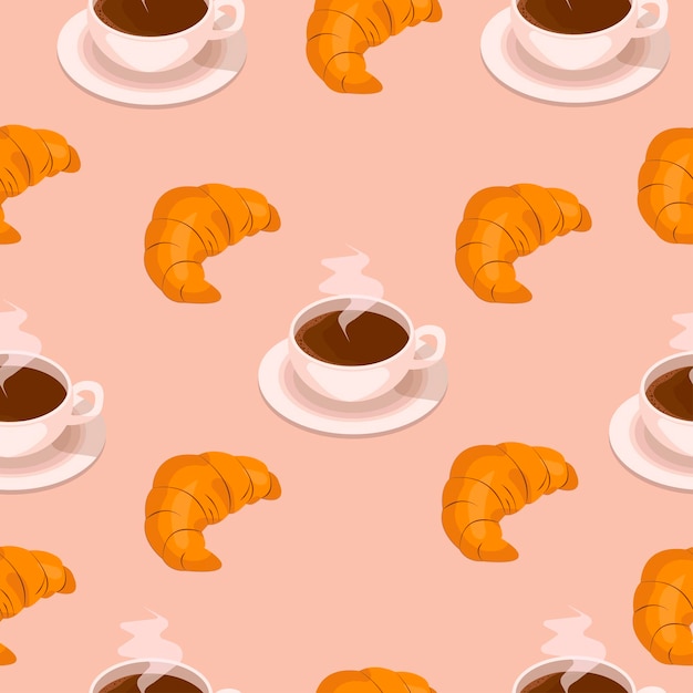 Padrão sem emenda com uma xícara de café e croissant em um fundo rosa. Pode ser usado em tipografia.