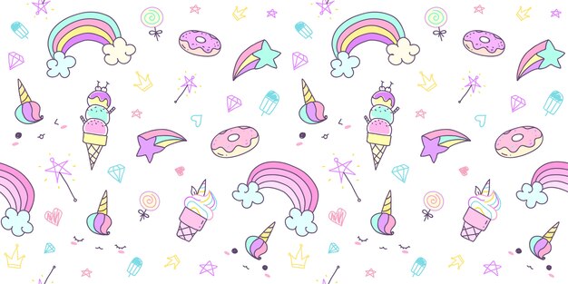 Padrão sem emenda com unicórnio desenhado de mão em cor pastel.