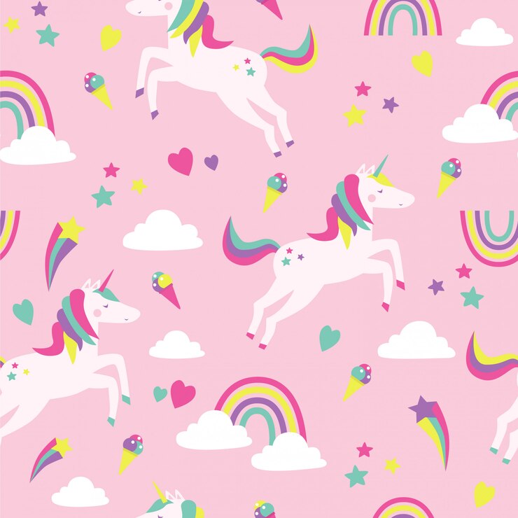 Padrão sem emenda com unicórnios, arco-íris, nuvens e estrelas em rosa.