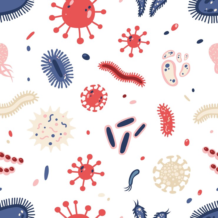 Vetor padrão sem emenda com vários microorganismos. pano de fundo com germes infecciosos, protistas, micróbios, bactérias causadoras de doenças, vírus. ilustração colorida