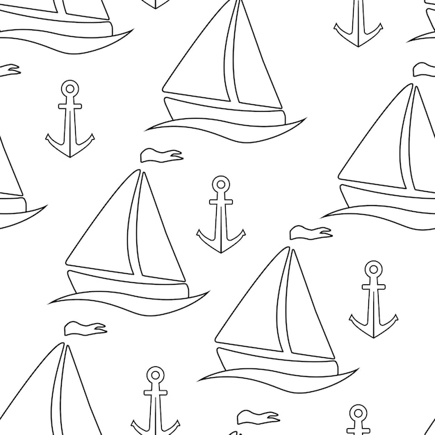 Vetor padrão sem emenda com veleiros e âncoras. ilustração vetorial em um fundo branco.