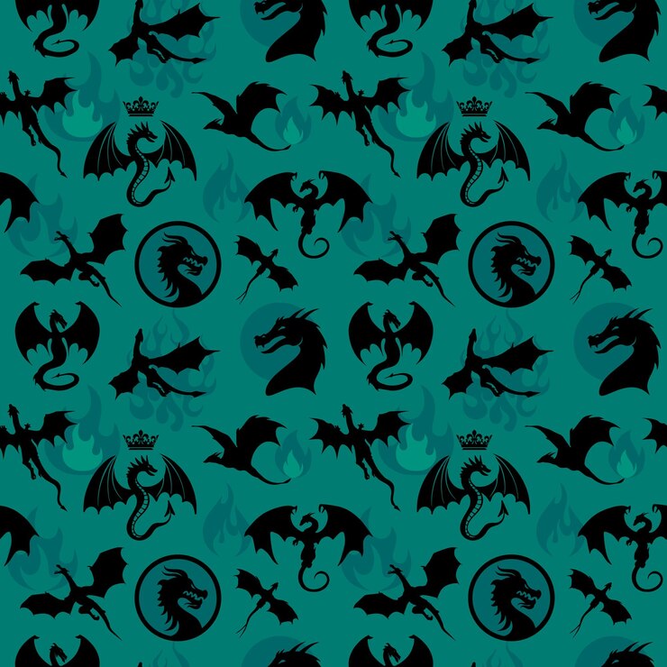 Vetor padrão sem emenda composto de dragões, wyverns e fogo no fundo azul. design de textura sem fim
