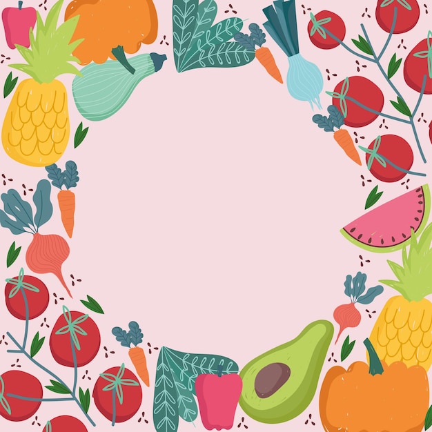 Padrão sem emenda de alimentos redondo ilustração de frutas e legumes frescos