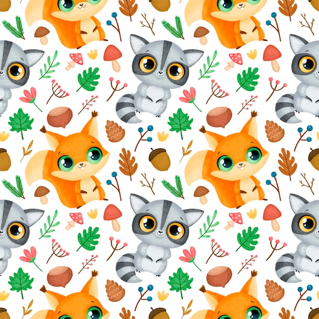 Padrão sem emenda de animais da floresta. Padrão de guaxinim e esquilo.